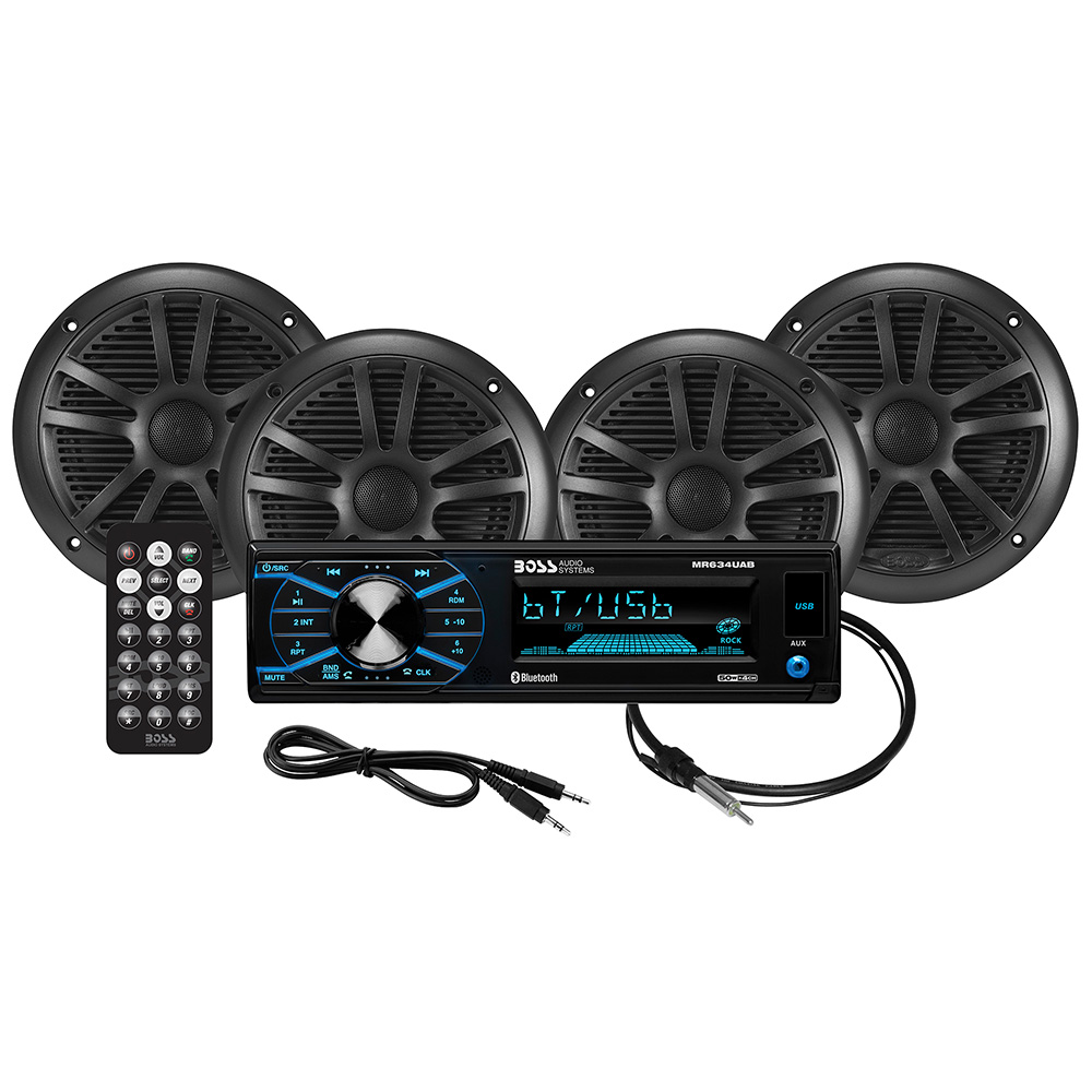 Boss Audio MCBK634B.64 Marine Audio Kit with MR634UAB Receiver, Four MR6B Speakers & MRANT10 Antenna