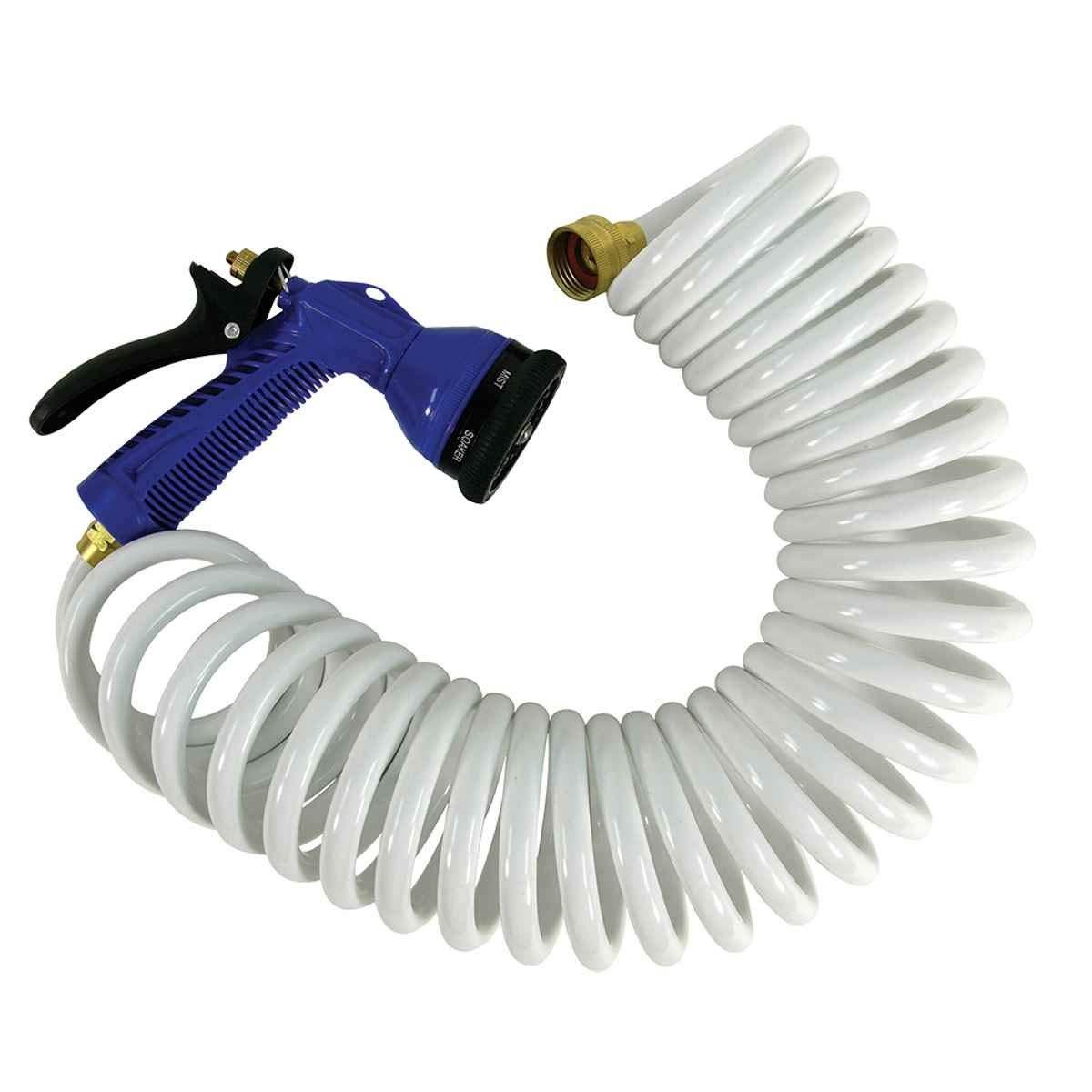 50 ft L Coil Hose W/ Adjustable Nozzle, Polyurethane Tube, White