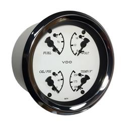 110-15800 Allentare 4 in. 1 Gauge 85mm White Dial & Black Pointer Oil Pressure Water Temp Fuel Level Voltmeter - Chrome Bezel