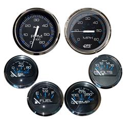 KTF064 6 Gauge Speed Tach Fuel Level Voltmeter Water Temp & Oil PSI - Chesapeake Black with Stainless Steel Bezel