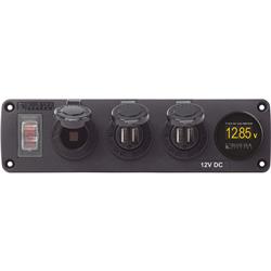 s 4368 Water Resistant USB Accessory Panel - 12V Socket, 2x 2.1A Dual USB Chargers, Mini Voltmeter