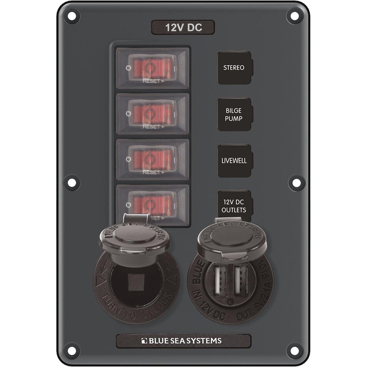 Picture of Blue Sea Systems 4321 Circuit Breaker Switch Panel 4 Position with 12V Socket & Dual USB&#44; Gray