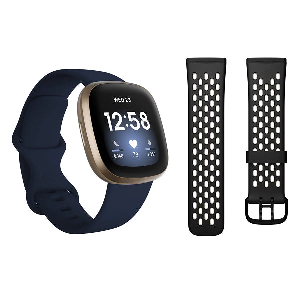 Picture of Google FB511GLNVS-BNDL2 Fitbit Versa 3 Infinity Smartwatch with Black Sport Bands&#44; Gold & Blue - Small