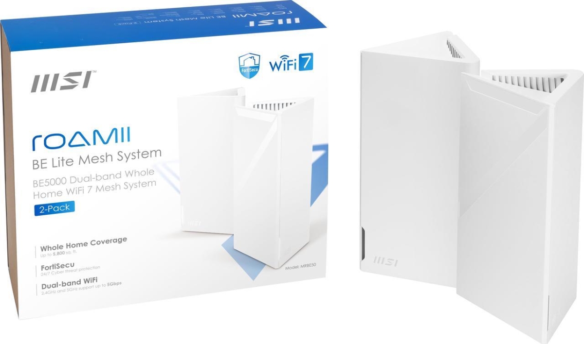 Picture of MSI ROAMIIBELITEMESH Roamii BE Lite Wi-Fi 7 2.5Gbps Ethernet Port Mesh System&#44; White - Pack of 2
