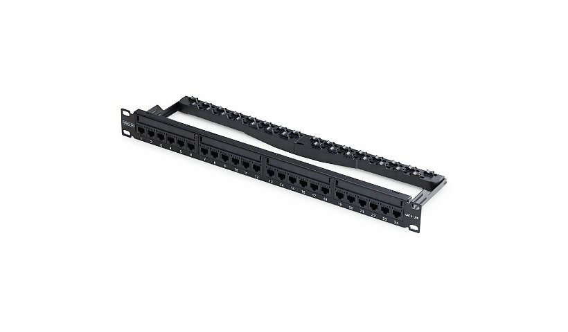 C6PANELUTP241UFT 24 Port 1U Feed Through Patch Panel with Cable Management & Rackmount Cat6 & RJ45 Couplers, Black