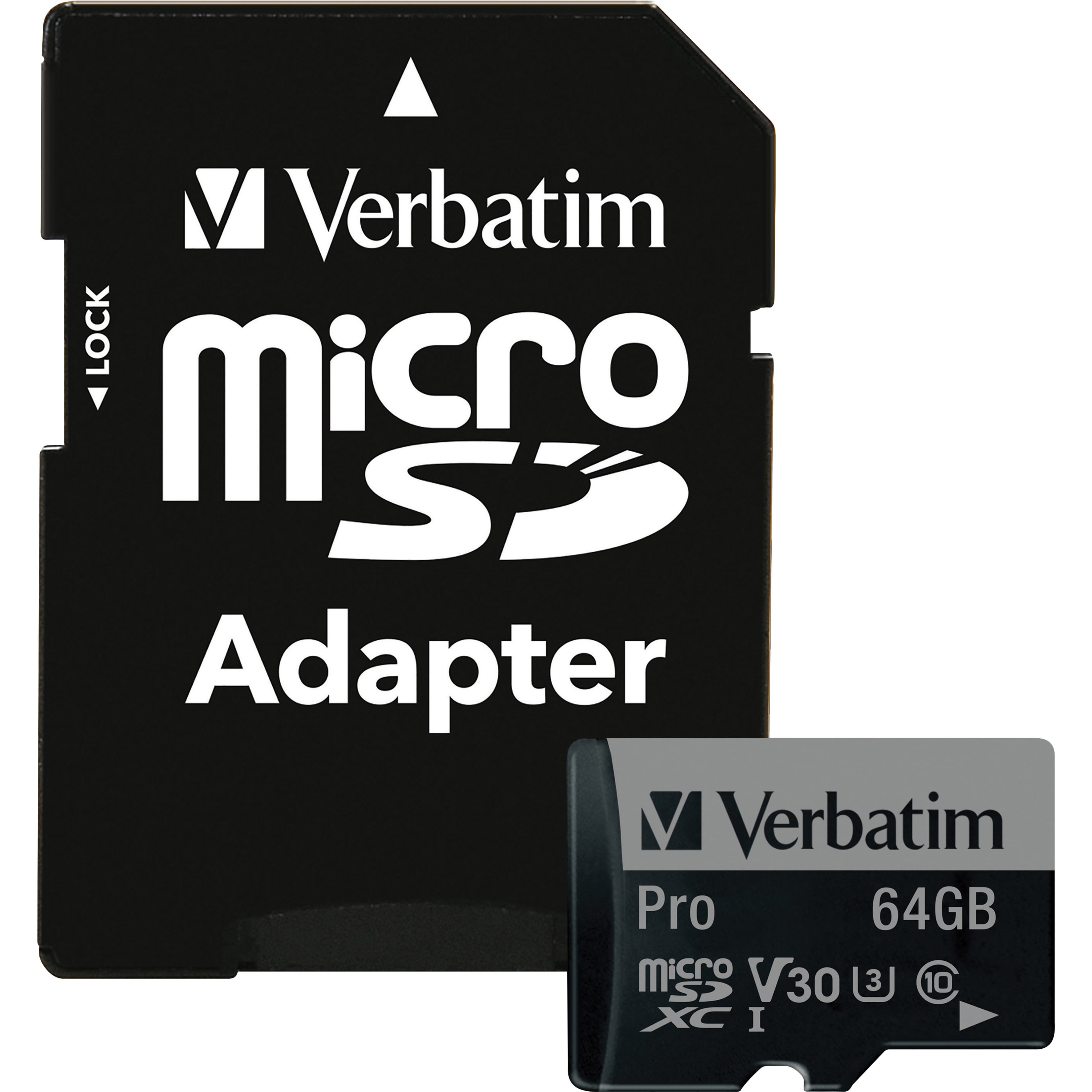 Picture of Verbatim 47042 64GB Pro 600X microSDXC Memory Card with Adapter, UHS-I U3 Class 10