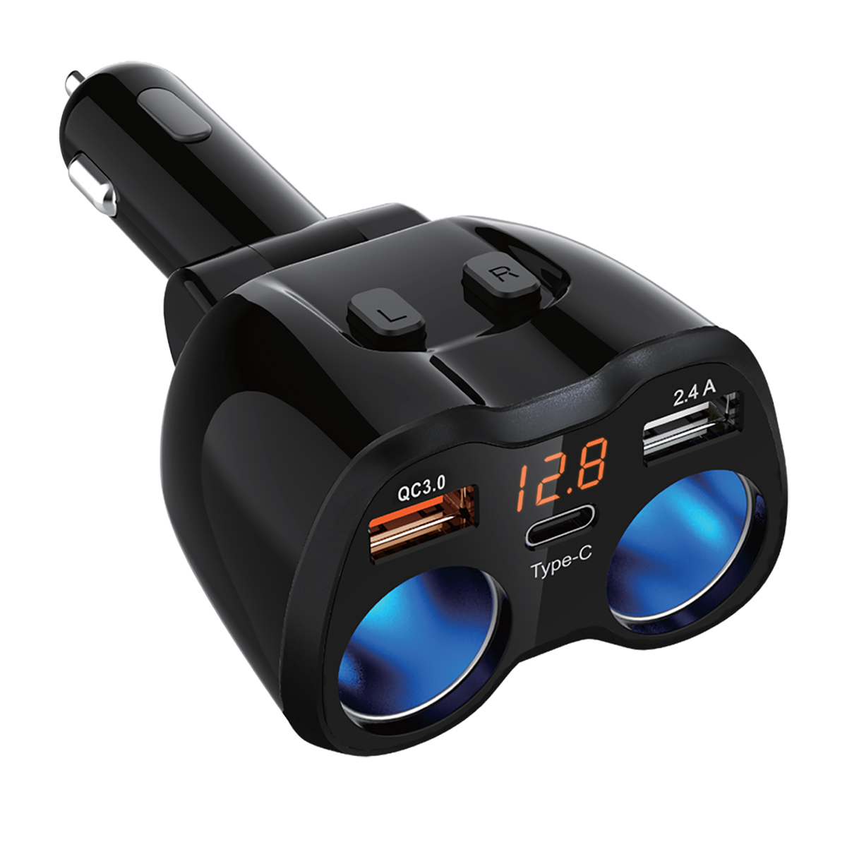 PD9221USBCBL 12V 2-Way Adapter with USB & USB-C Ports LED Display 80W Output Cigarette Socket Splitter - Black