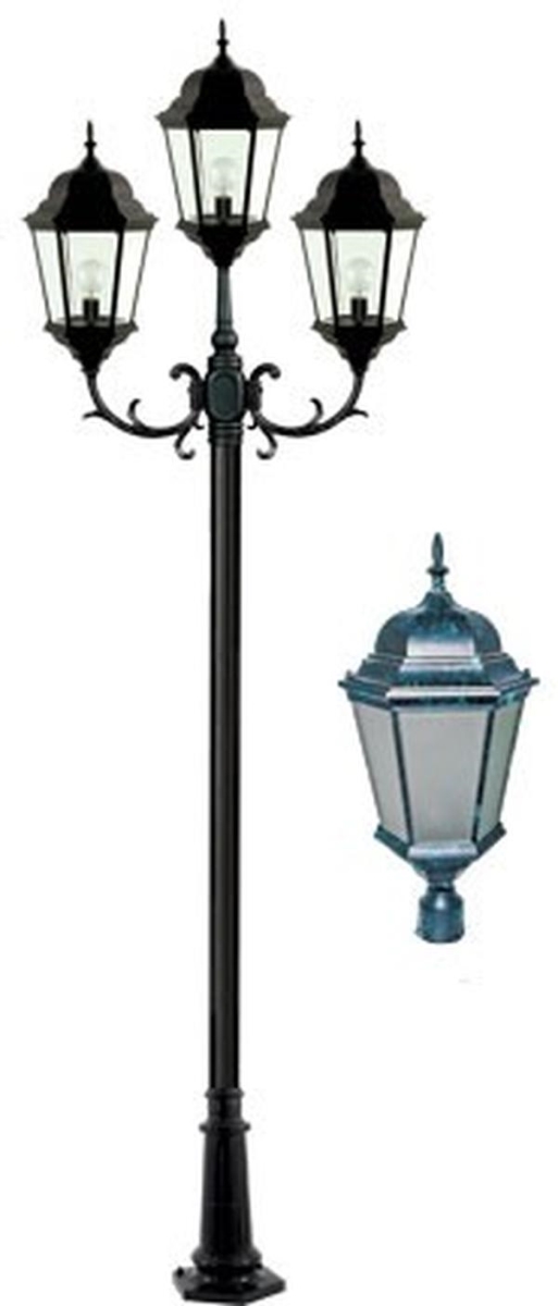 GM2353-VG-FR 120V E26 Frost Cast Aluminium 3 Post Top Light Fixture Pole Plus Base, Verde Green
