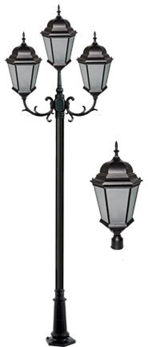 GM2353-B-FR 120V E26 Frost Cast Aluminium 3 Post Top Light Fixture Pole Plus Base, Black