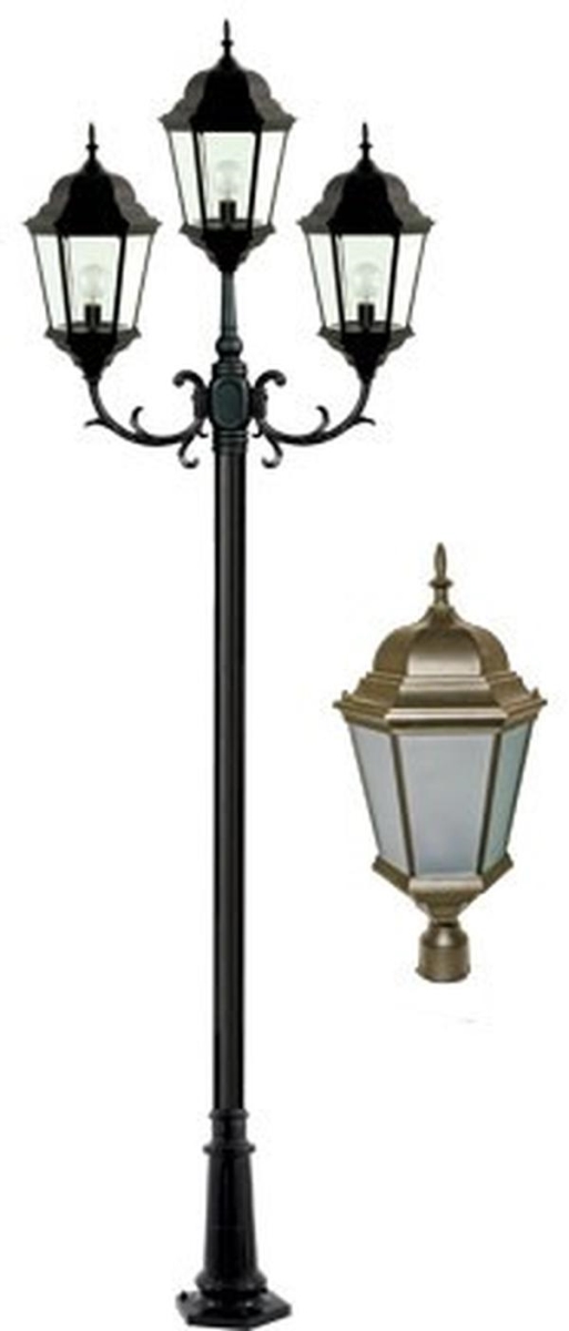 GM2353-BZ-FR 120V E26 Frost Cast Aluminium 3 Post Top Light Fixture Pole Plus Base, Bronze
