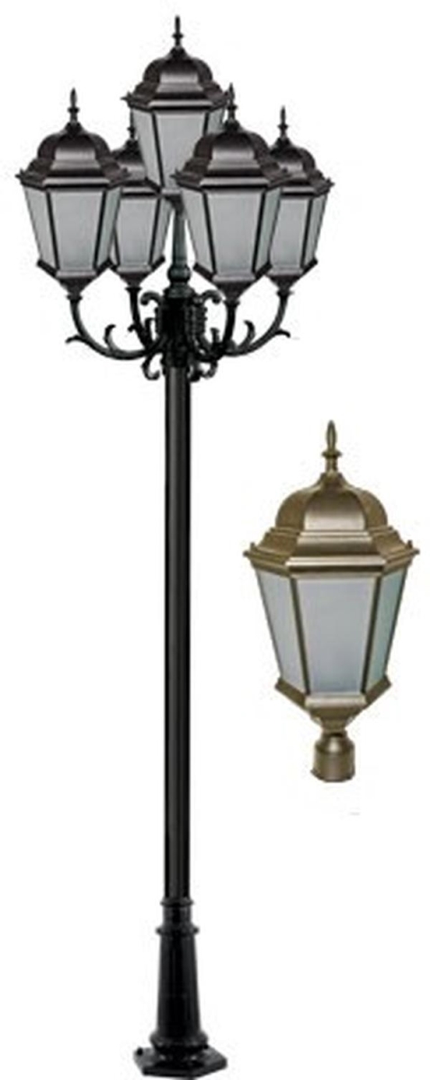 GM2355-BZ-FR 120V E26 Frost Cast Aluminium 5 Post Top Light Fixture Pole Plus Base, Bronze