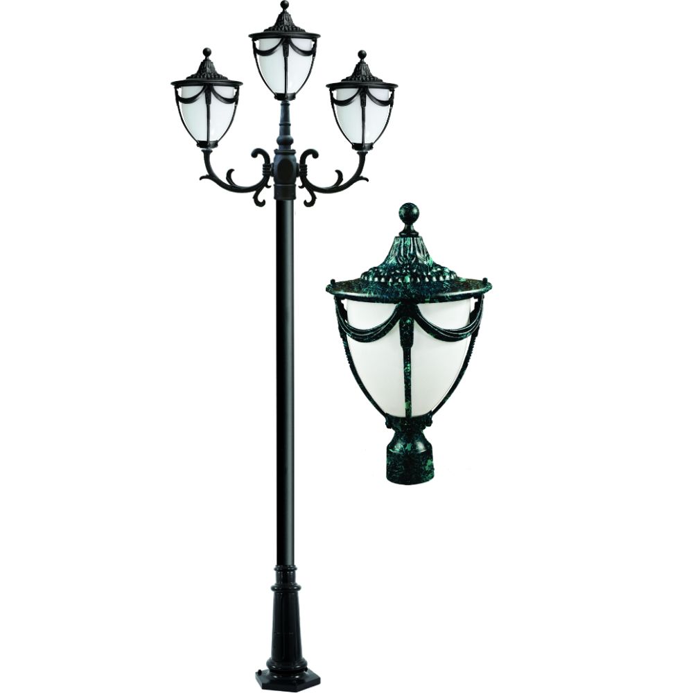 GM4803-L18-30K-VG 120V E26 3X LED 6W 30K Cast Aluminium 3 Post Top Light Fixture Pole Plus Base, Verde Green