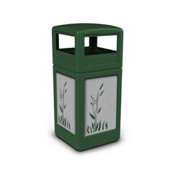 42 gal Waste Container with Dome Lid & Stainless Steel Panels Cattails, Green