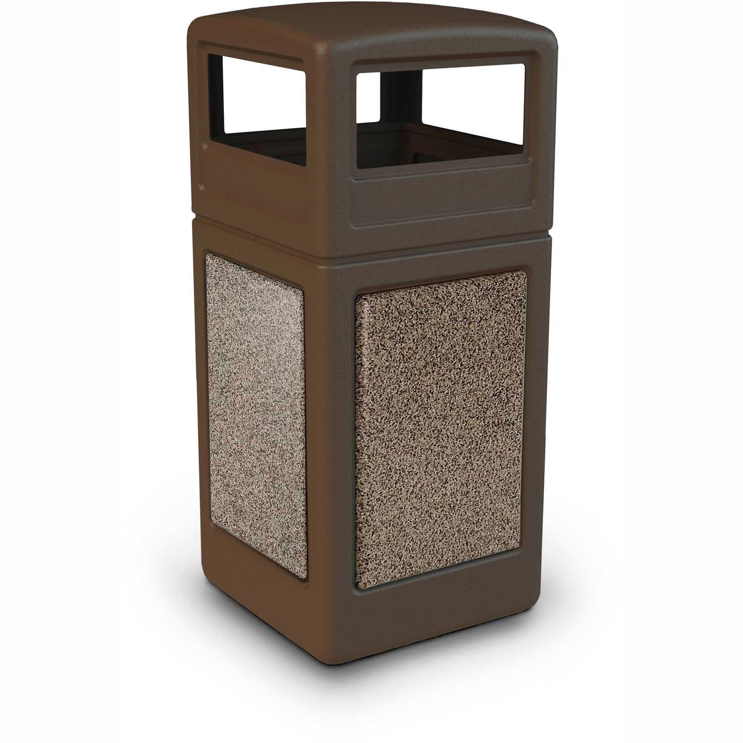 72045599 42 gal Square StoneTec Trash Receptacle with Dome Lid, Brown with Riverstone Panels