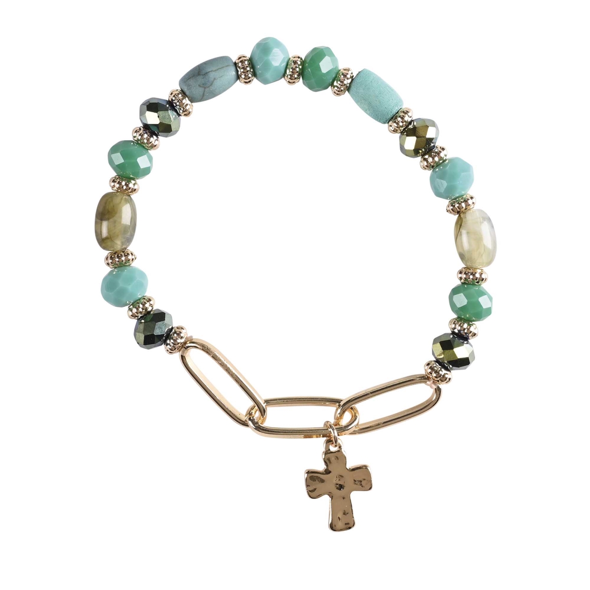 30-8067T Bracelet Green Multi Bead With Cross