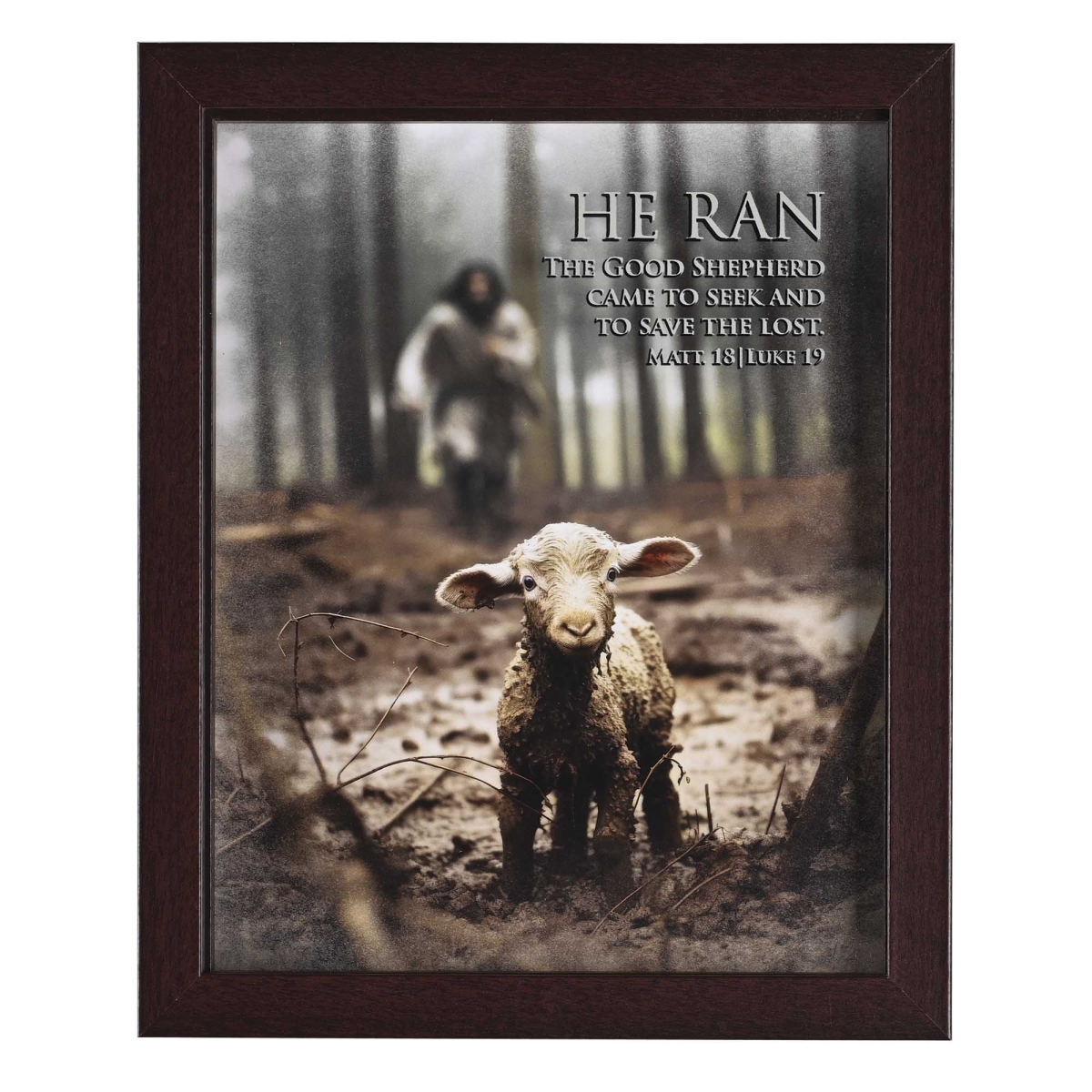 FRMWDWAL-810-20 Framed Art Lamb 8x10 He Ran Matt18:12-14