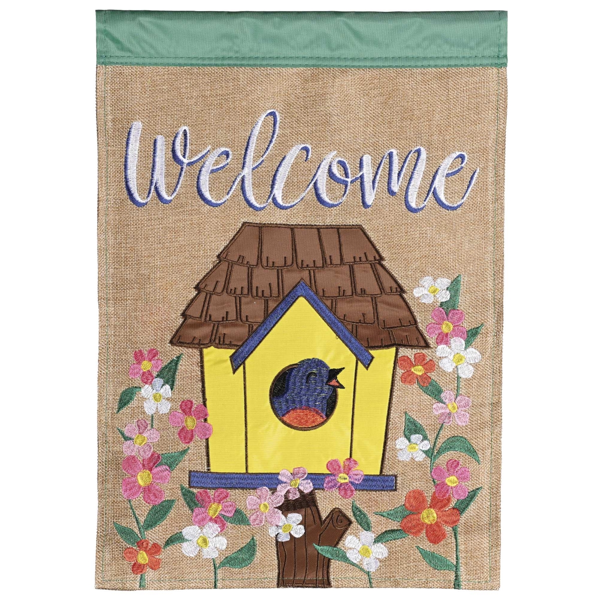 M011946 Flag Welcome Birdhouse Burlap 13x18