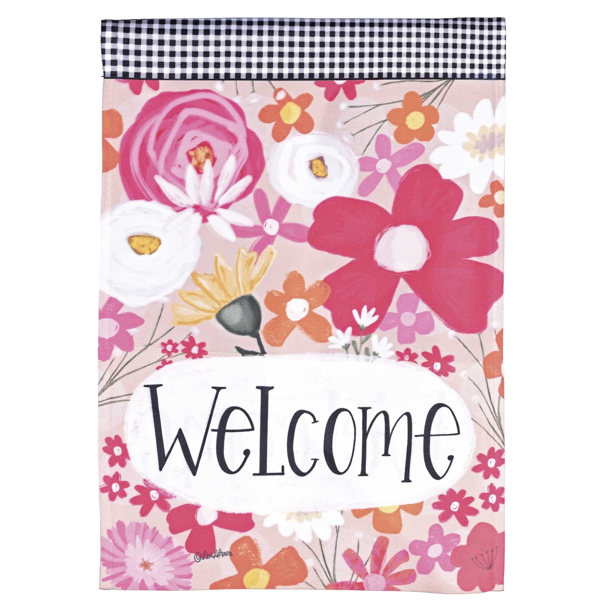 M080320 Flag Welcome Pink Flowers 13x18