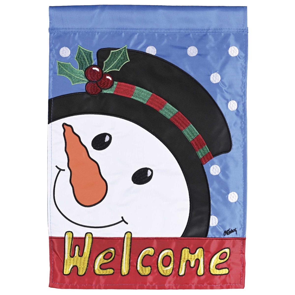 M012130 Garden Flag Welcome Snowman Holly Hat