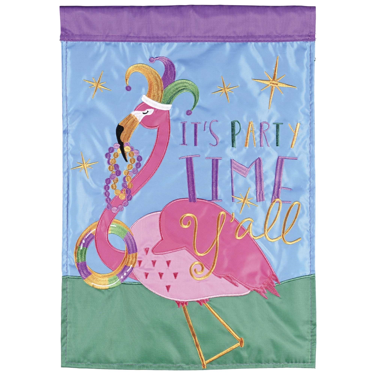M012157 Gardenflag Partytime Flamingo Mardi Gras
