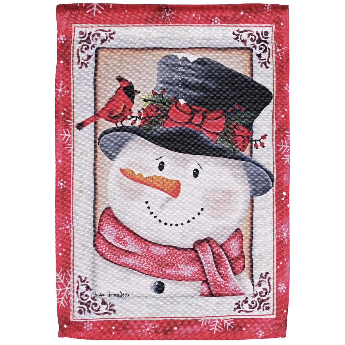 M080336 Garden Flag Red Bird Snowman In Flurries