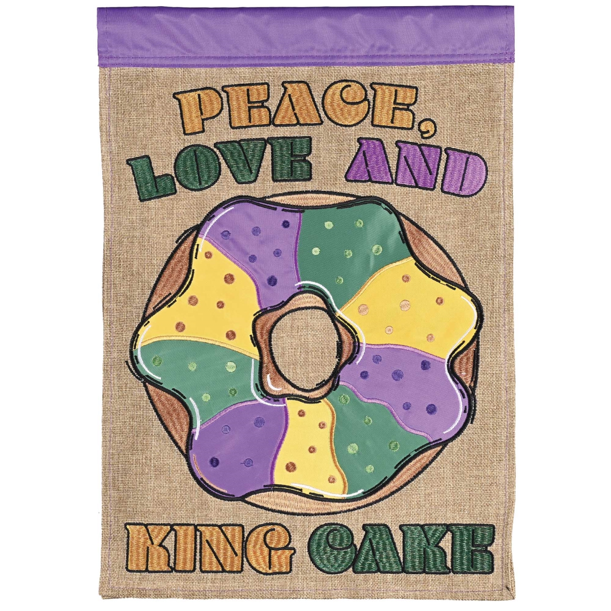 M012153 Garden Flag Burlap King Cake Peace Love