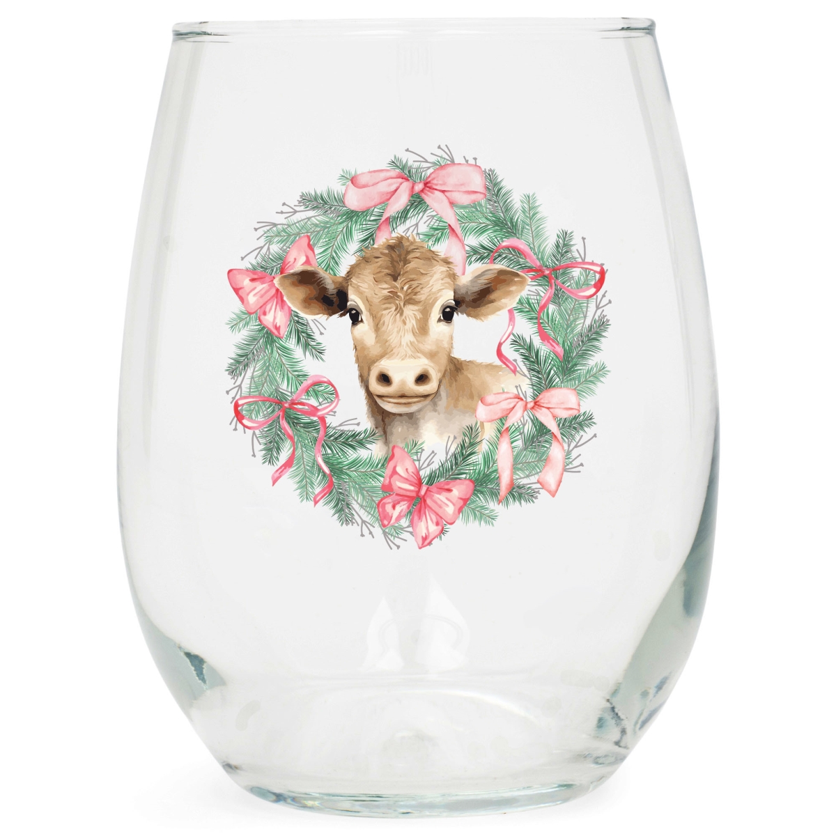WGL25 Wine Glass Highland Cow Wreath 15 Oz