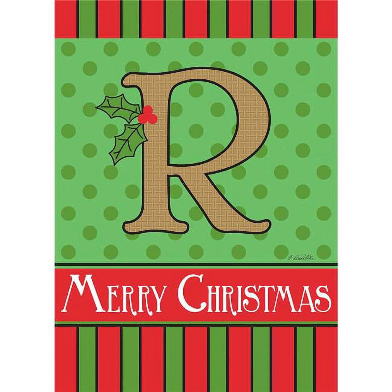 Merry Christmas Monogram R Burlap Garden Flag - 13 x 18 in.