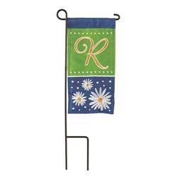 M040053 4 x 8.5 in. Flag Double Applique Daisy Monogram R Burlap Mini I Flag With Pole