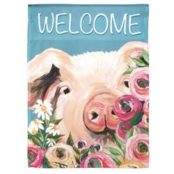 13 x 18 in. Flag Print Welcome Pig Floral Polyester Garden