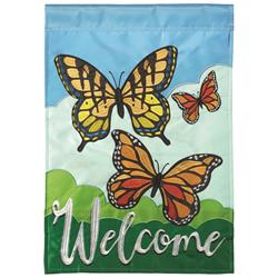 M011088 13 x 18 in. Flag Double Applique Butterflies Welcome Polyester Garden