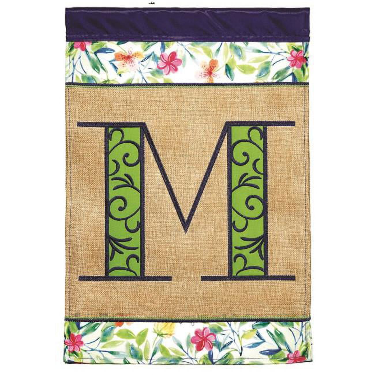 13 x 18 in. Double Applique Monogram M Spring Burlap & Print Garden Flag