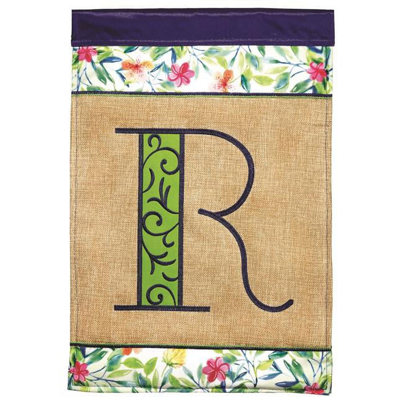 13 x 18 in. Double Applique Monogram R Spring Burlap & Print Garden Flag