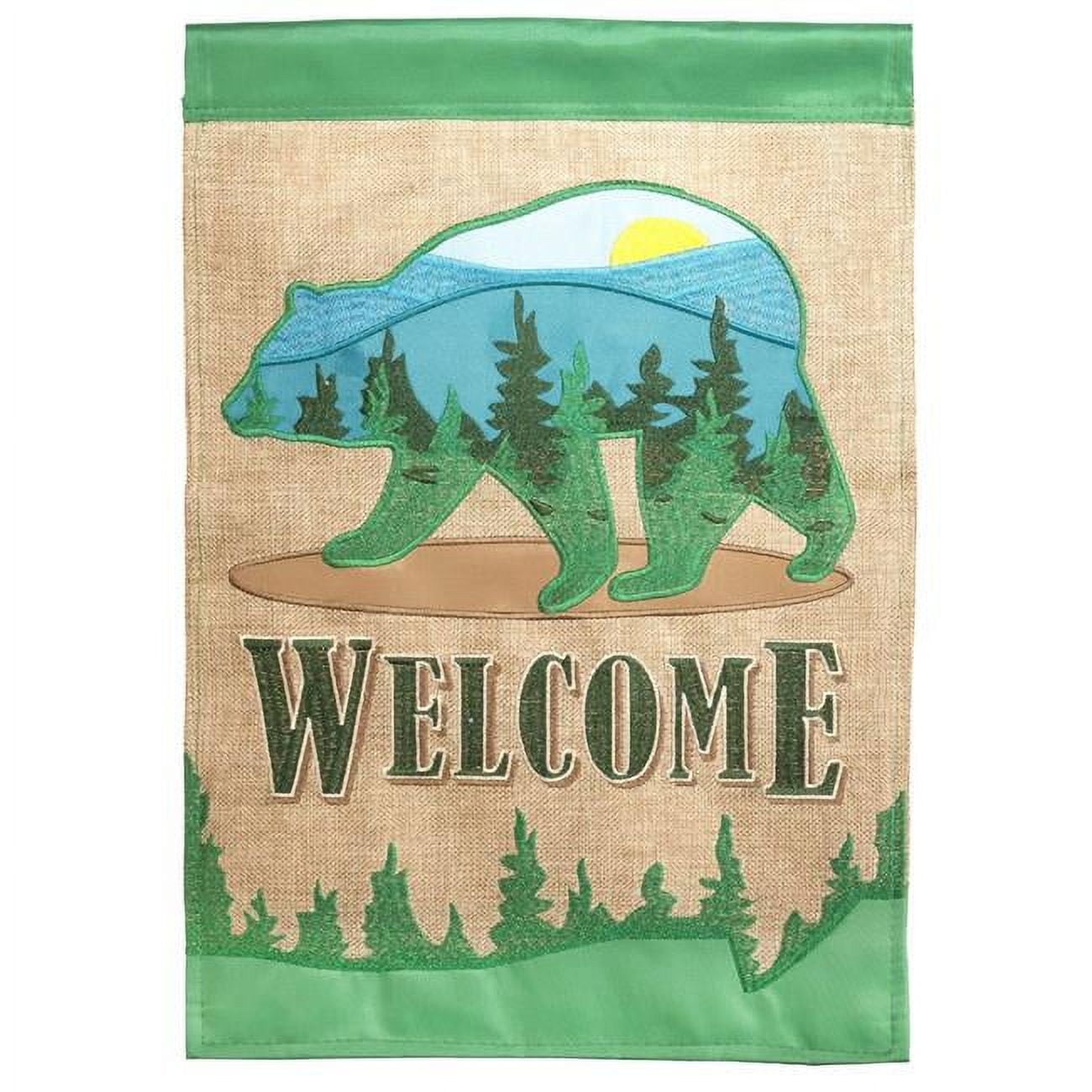 13 x 18 in. Double Applique Welcome Mountain Bear Burlap Garden Flag