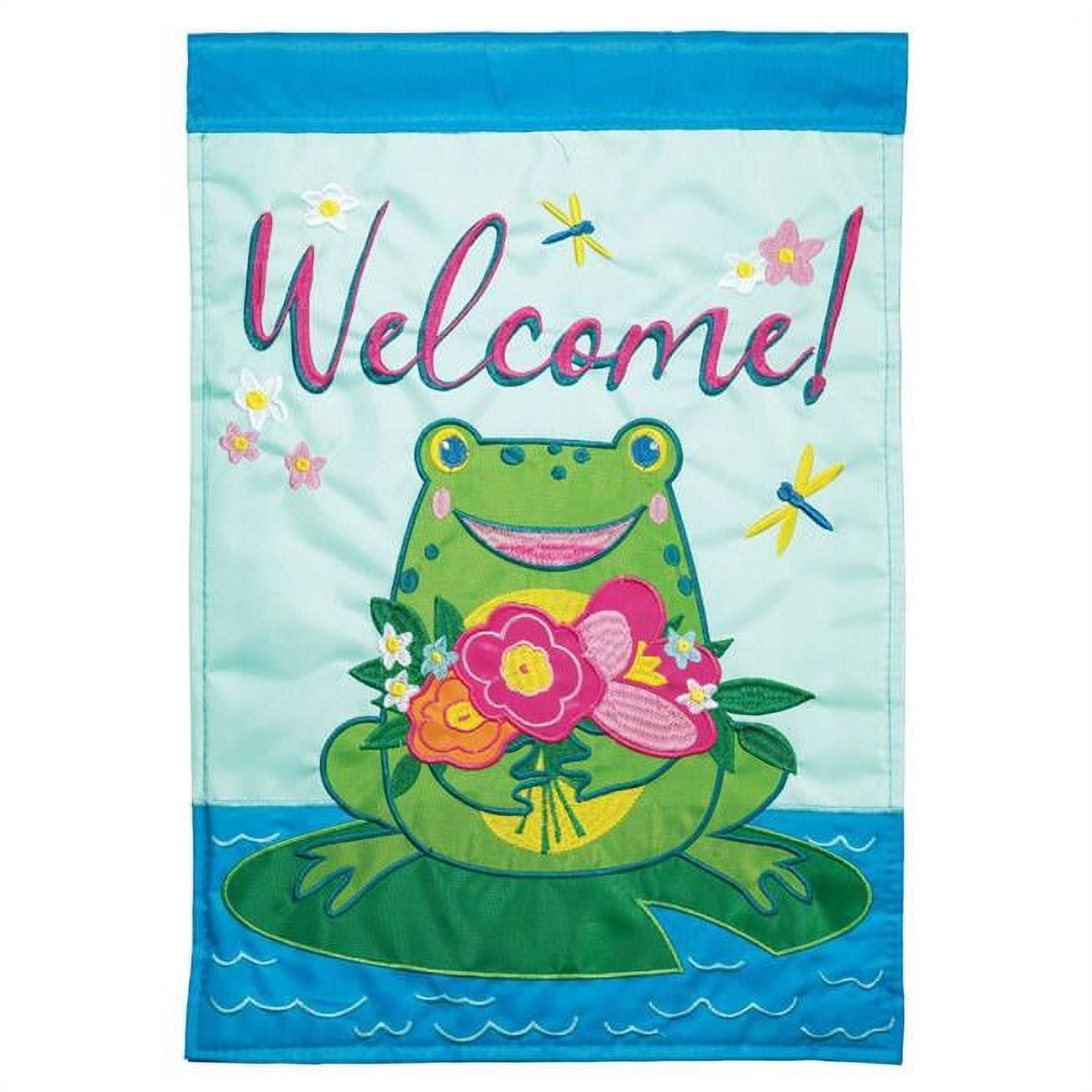 13 x 18 in. Double Applique Frog Welcome Polyester Garden Flag