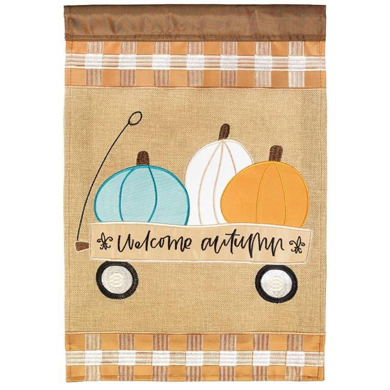 13 x 18 in. Welcome Autumn Wagon Fleur De Lis Burlap Garden Flag