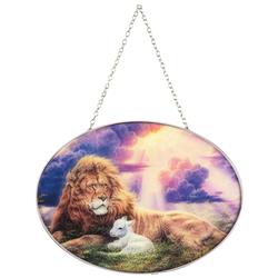 SUNCG-1011 Oval Suncatcher Laying Lion And Lamb 9in
