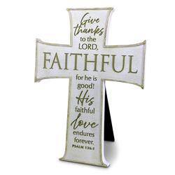 11963 Tabletop Cross Faithful White 10in H