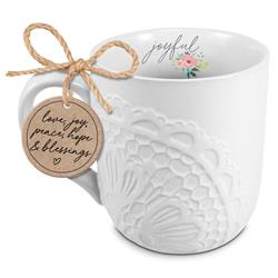Picture of Dicksons 18458 Mug Lace Textured Joyful White 16 oz