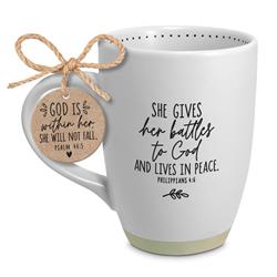 Picture of Dicksons 18309 17 oz Unisex She Gives Battles To God Coffee Mug, White - One Size