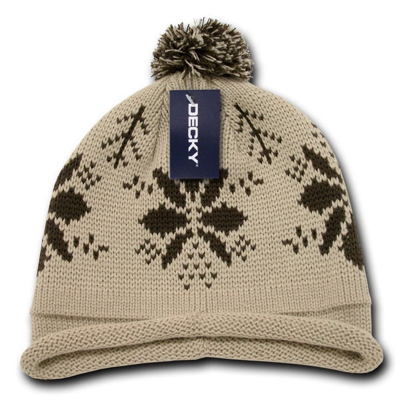 611B-STN Snowflake Roll Up Beaine with Pom - Stone & Brown