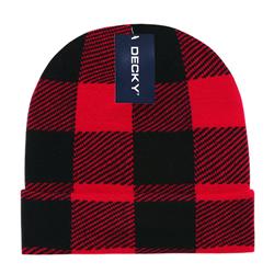 Decky Beanies 8027-RED Long Plaid Beanie - Red