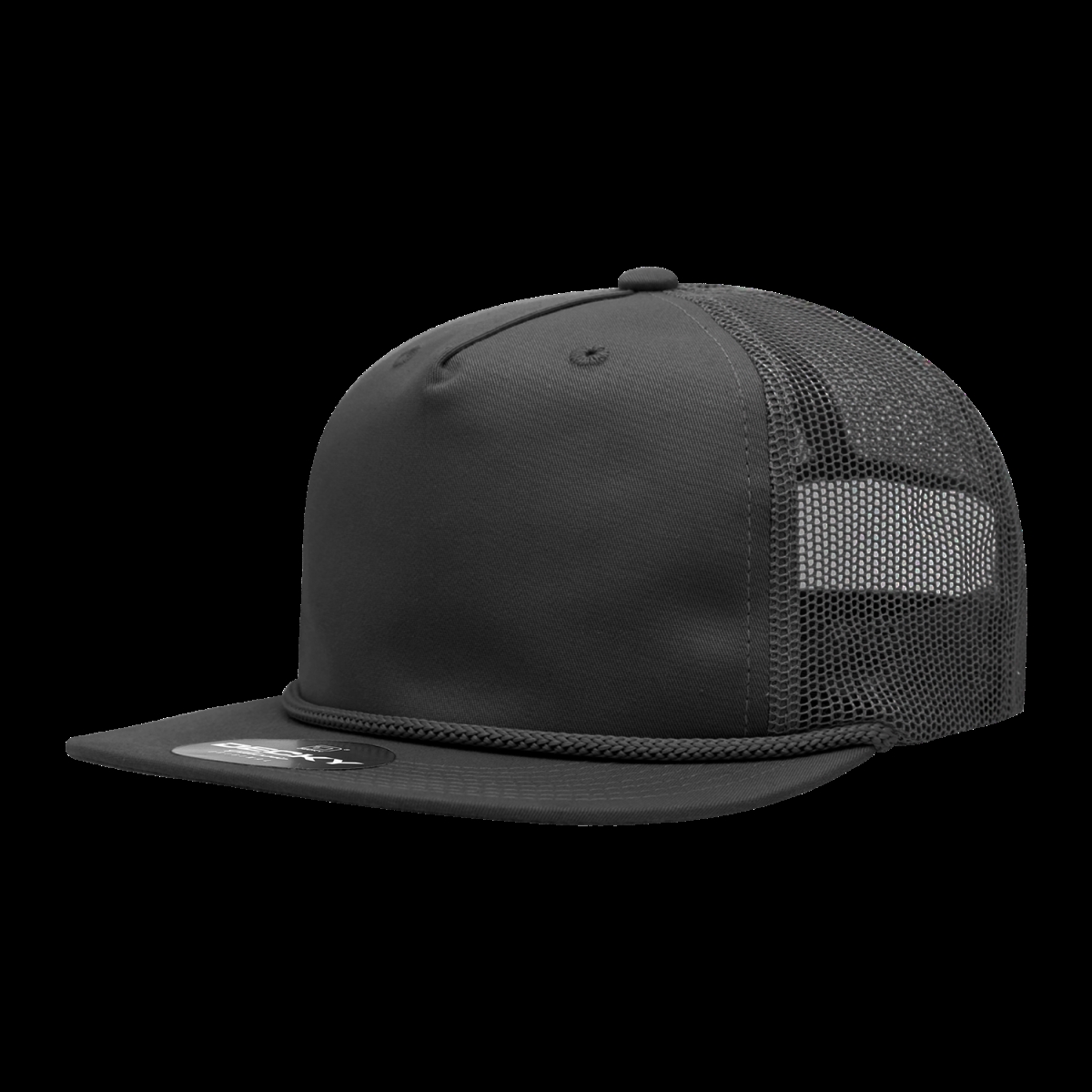 6041-1BLK 5 Panel High Profile Relaxed Cotton Blend Trucker with Rope - Black