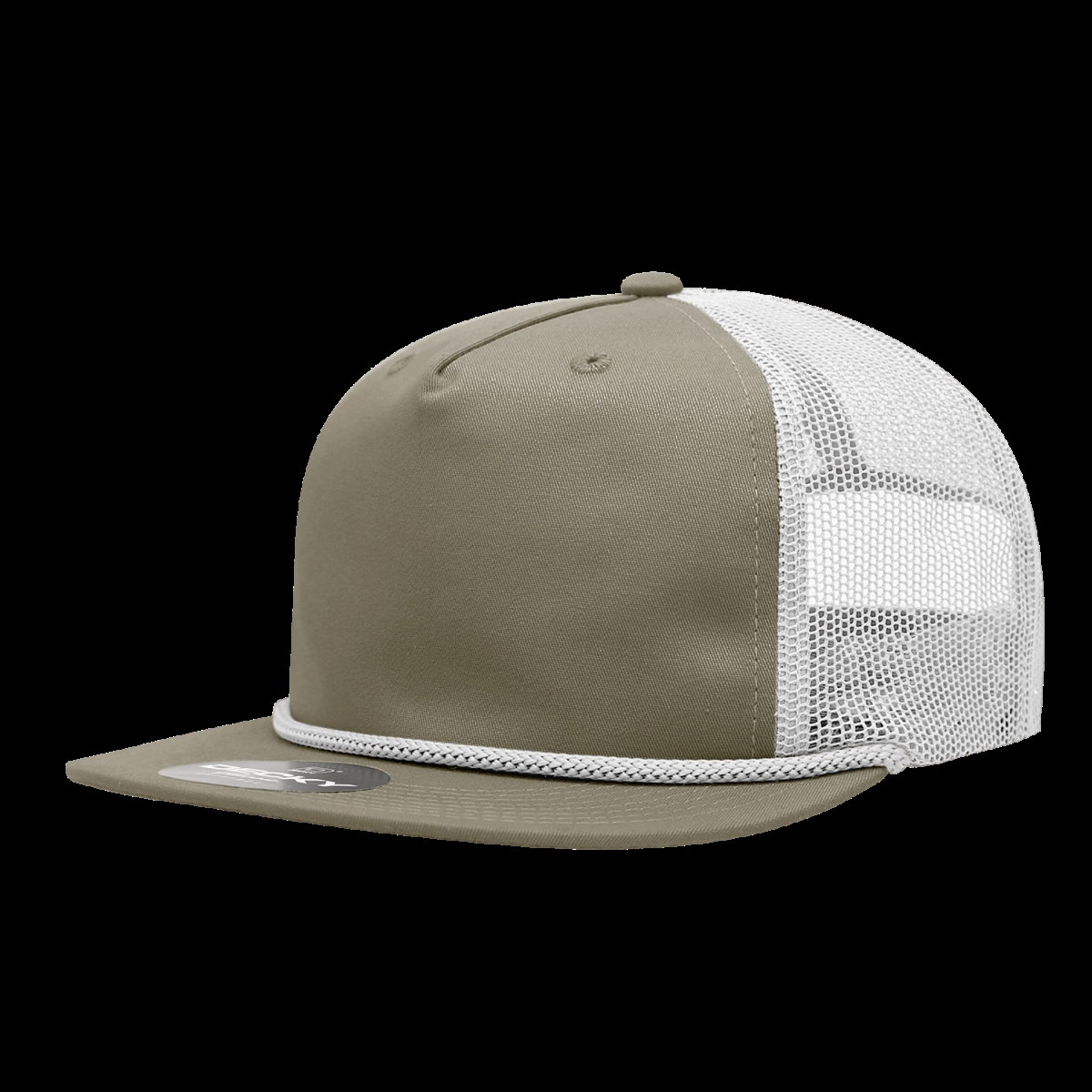 6041-4KHAWHT 5 Panel High Profile Relaxed Cotton Blend Flat Trucker with Rope - Khaki & White