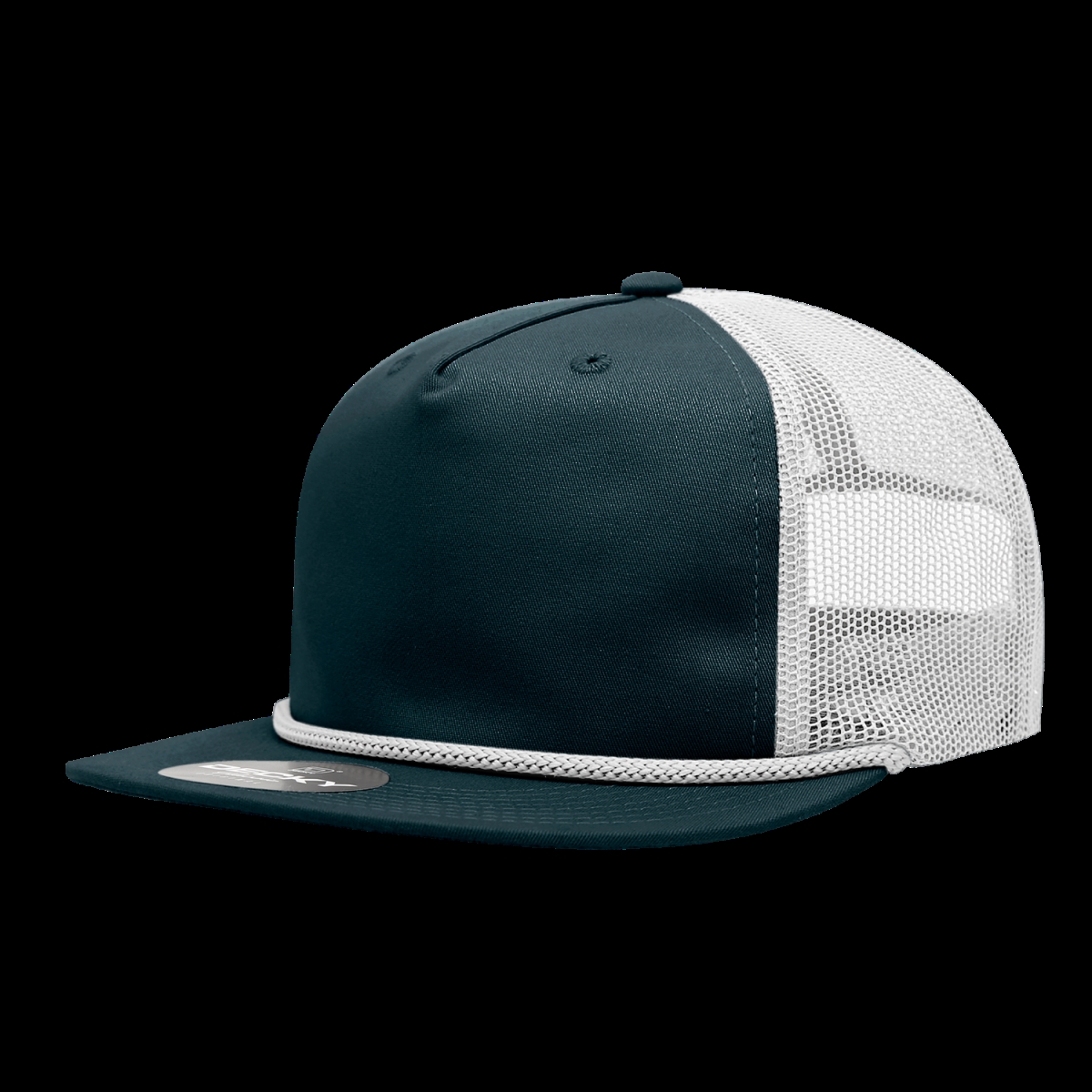 6041-4NVYWHT 5 Panel High Profile Relaxed Cotton Blend Trucker with Rope - Navy & White