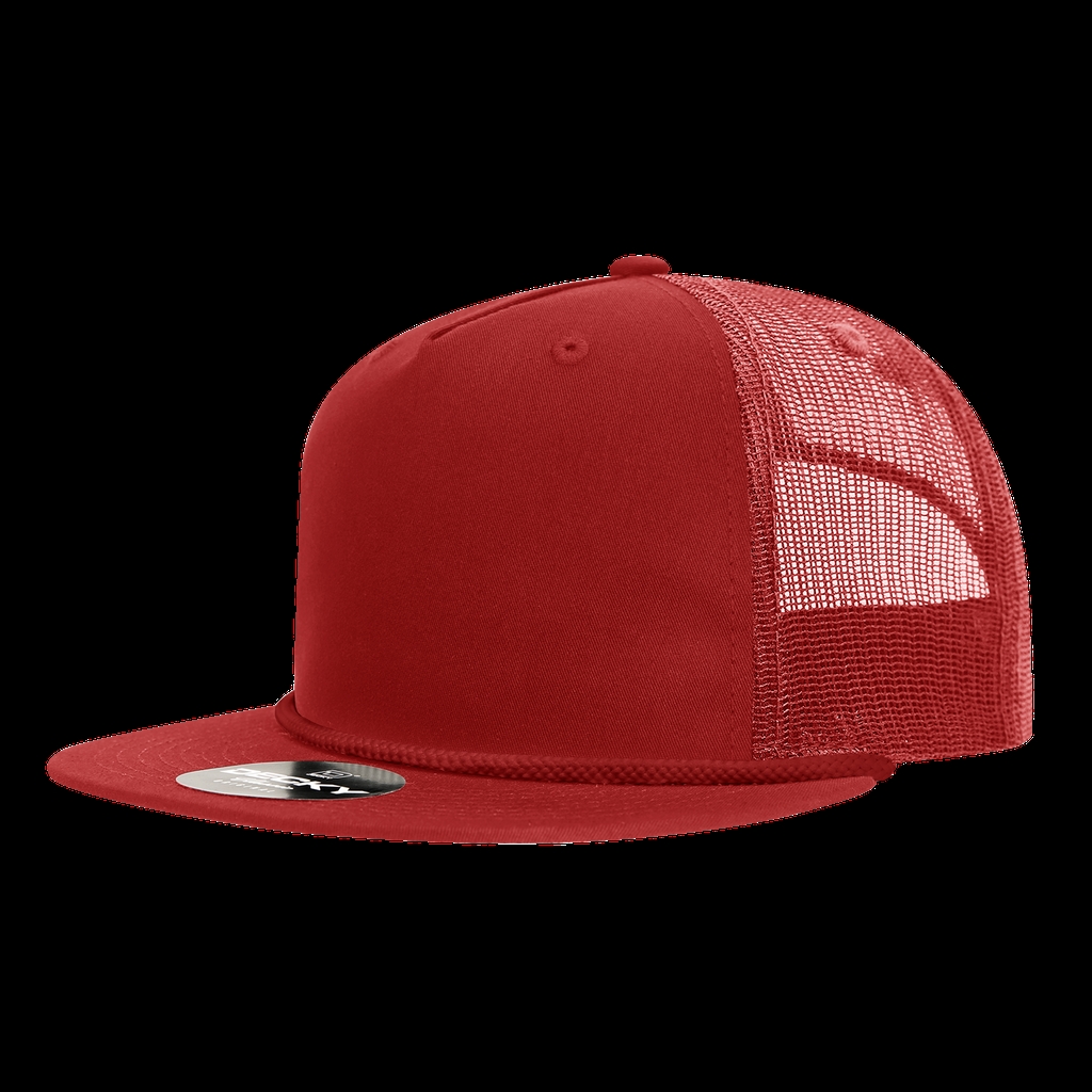 6041-7REDWHT 5 Panel High Profile Relaxed Cotton Blend Trucker with Rope, Red & White