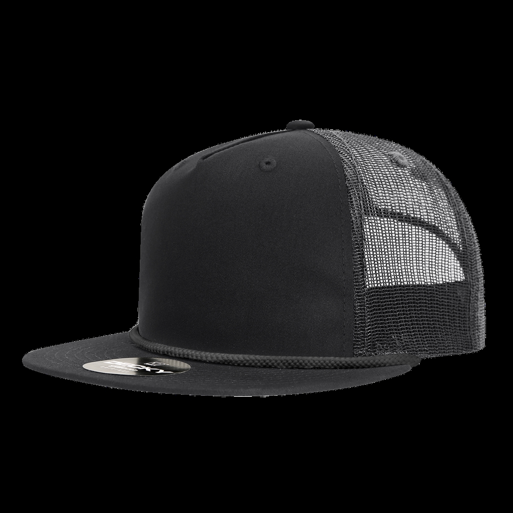 6041-7BLKWHT 5 Panel High Profile Relaxed Cotton Blend Trucker Hat with Rope, Black & White