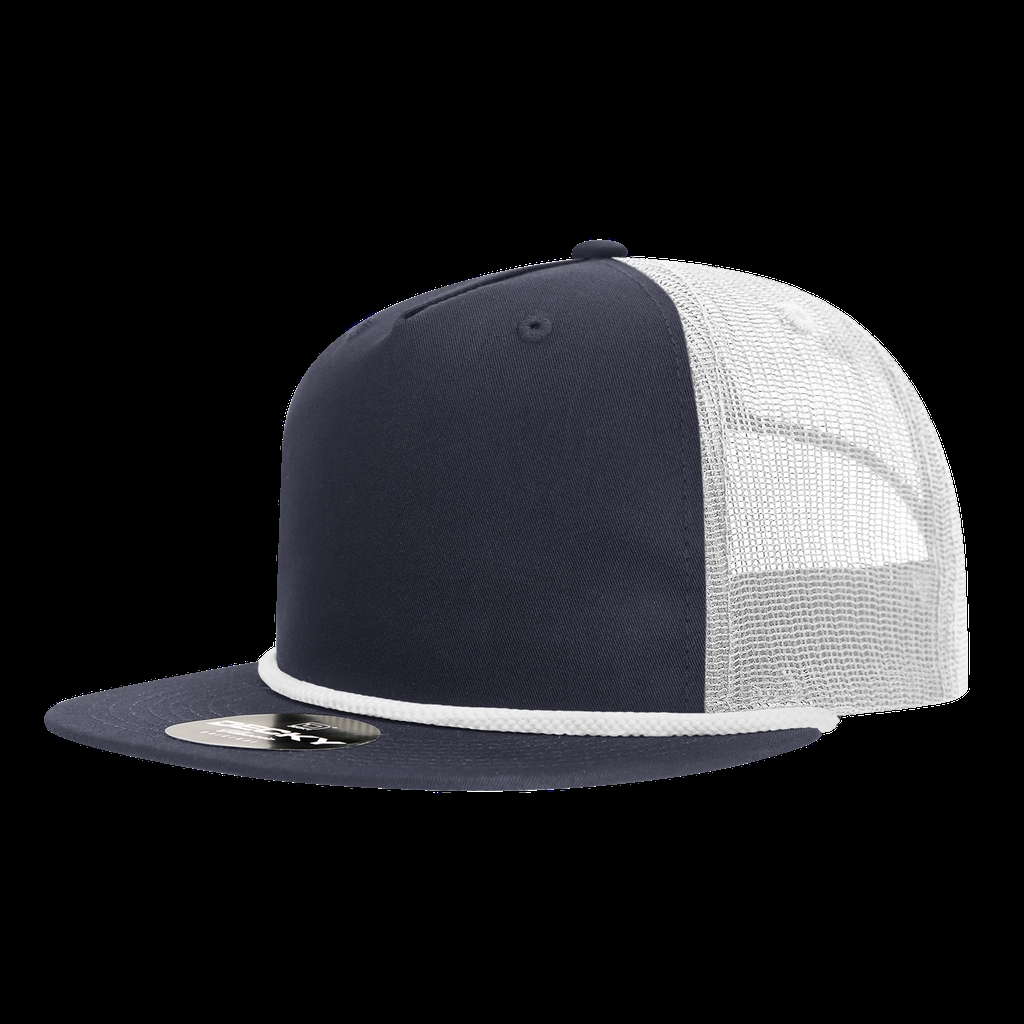 6041-7NVYWHT 5 Panel High Profile Relaxed Cotton Blend Trucker Hat with Rope, Navy White