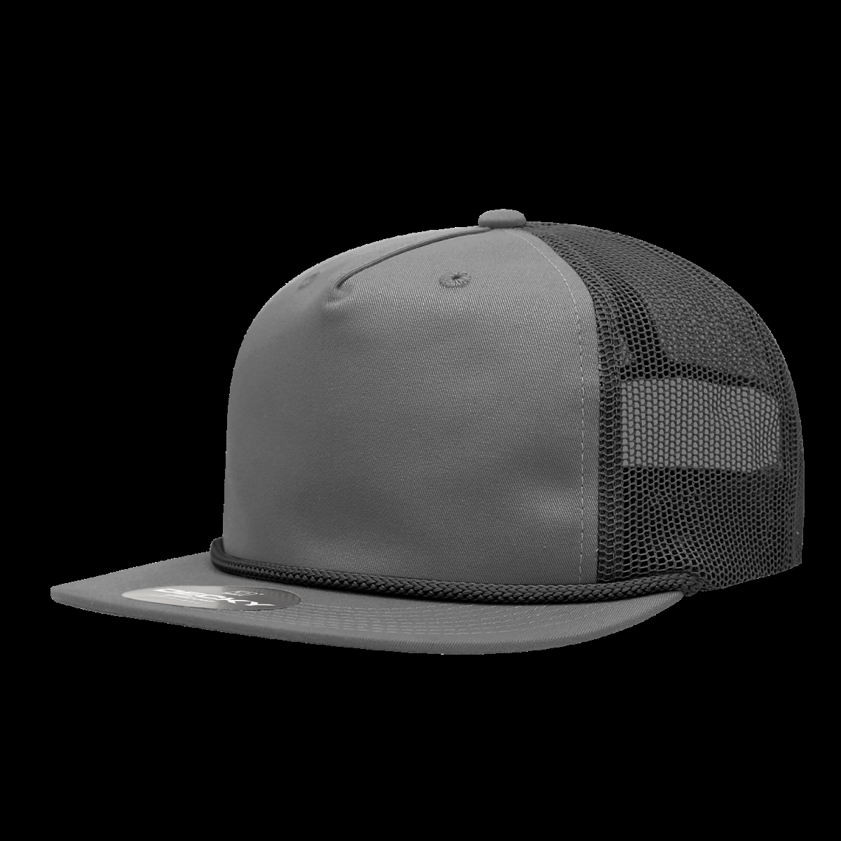 6041-4GRYBLK 5 Panel High Profile Relaxed Cotton Blend Flat Trucker with Rope - Gray & Black