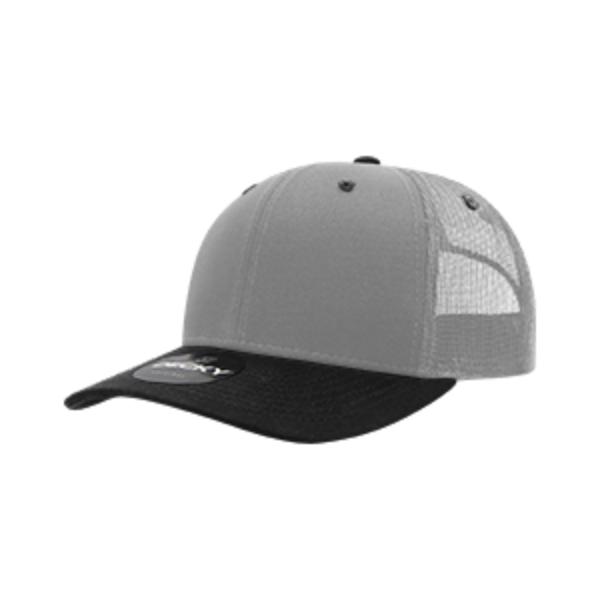 6021-3BLKGRYWHT 6 Panel Mid Profile Structured Cotton Blend Trucker, Black, Gray & White - One Size